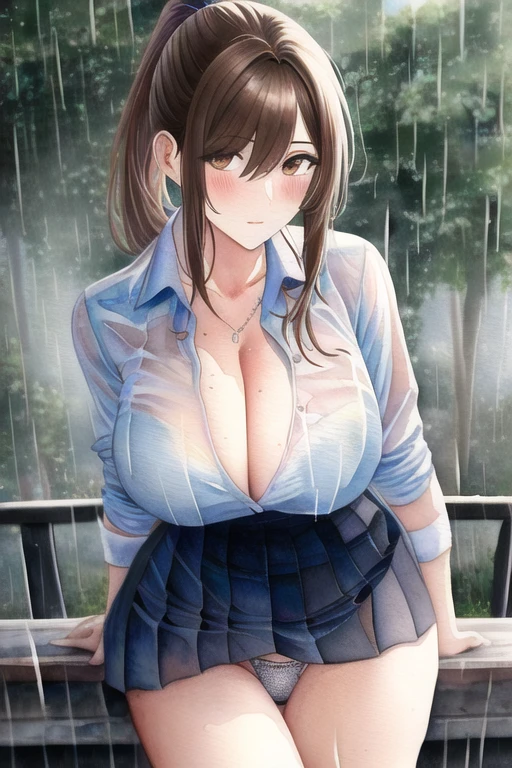 [NovelAI] 马尾辫 大乳房 户外的 水彩绘画 乳沟 杰作 雨 校服 透视 内衣 [插画]